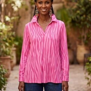 Iman Pink Zebra Print Collared Long Sleeve Slinky Blouse Size Medium